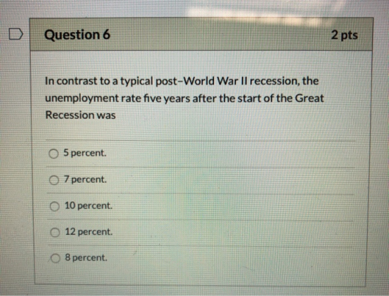 Question 6 2 pts In contrast to a typical post-World War II recession, the unemployment rate five years after the start of th