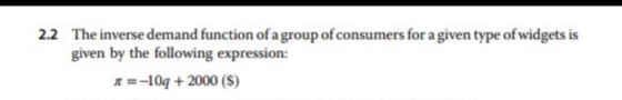 The inverse demand function of a group of consumers for a given type of widgets is given by the following expression: 2.2 π=-104 + 2000 (S)