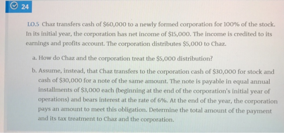 | 24 LO.5 Chaz transfers cash of $60,000 to a newly formed corporation for 100% of the stock. In its initial year, the corpor