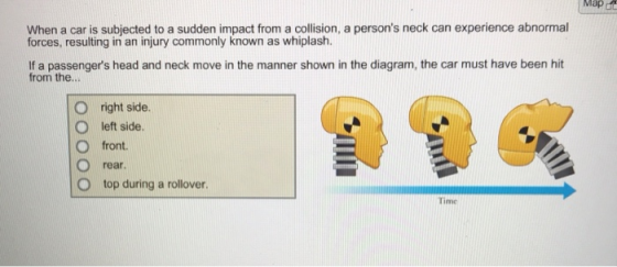 Map When a car is subjected to a sudden impact from a collision, a persons neck can experience abnormal forces, resulting in an injury commonly known as whiplash. If a passengers head and neck move in the manner shown in the diagram, the car must have been hit from the.. O right side. O left side. O front O rear. O top during a rollover Time
