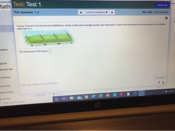 Math lest: Test 1 Submit Test This Question: 1 pt 5 of 25 (4 complete) This Test: 25 pts possible A piece of land is to be fe