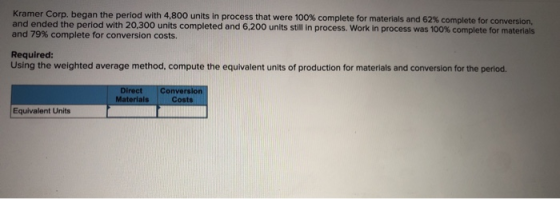 Kramer Corp. began the period with 4,800 units in process that were 100% complete for materials and 62% complete for conversi