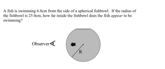 A fish is swimming 6.0cm from the side of a spherical fishbowl. If the radius of the fishbowl is 25.0cm, how far inside the fishbowl does the fish appear to be swimming? Observerく