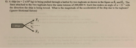 8) A ship (m - 2 x10 kg) is being pulled through a harbor by two tugboats as shown in the figure as Ē, and F. The lines attac
