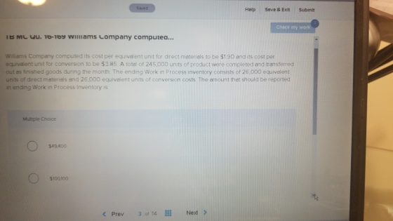Saved Help Save & Exit Submit Check my work IB ML Qu. 16-169 Williams company computea... Williams Company computed its cost