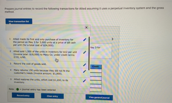 Prepare journal entries to record the following transactions for Allied assuming it uses a perpetual inventory system and the