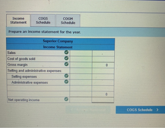 Income Statement COGS Schedule COGM Schedule Prepare an income statement for the year. Superior Company Income Statement Sale
