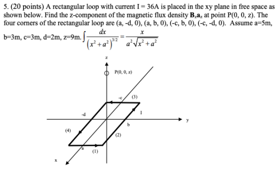5. (20 points) A rectangular loop with current I 36A is placed in the xy plane in free space as shown below. Find the z-compo