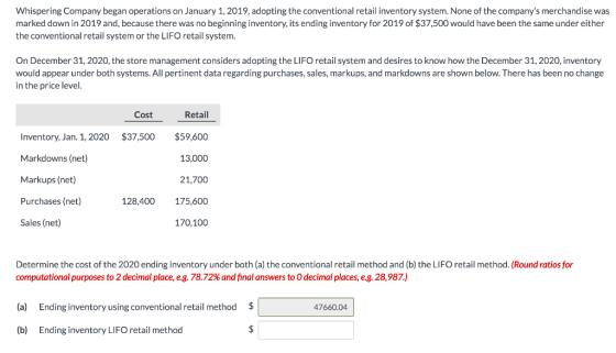 Whispering Company began operations on January 1, 2019, adopting the conventional retail inventory system. None of the compan