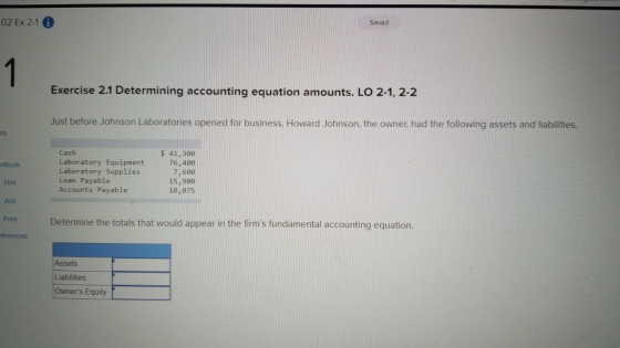 02 Ex 2-1 6 Saved Exercise 2.1 Determining accounting equation amounts. LO 2-1, 2-2 Just before Johnson Laboratories opened for business, Howard Johnson, the owner, had the following assets and liabilities. Cash Laboratory Equipment Laboratory Supplies Loan Payable Accounts Payable $ 41,300 76,480 7,600 15,900 10,075 eBook Ask Print ferences Determine the totals that would appear in the firms fundamental accounting equation Assets Liabilities Owners Equity