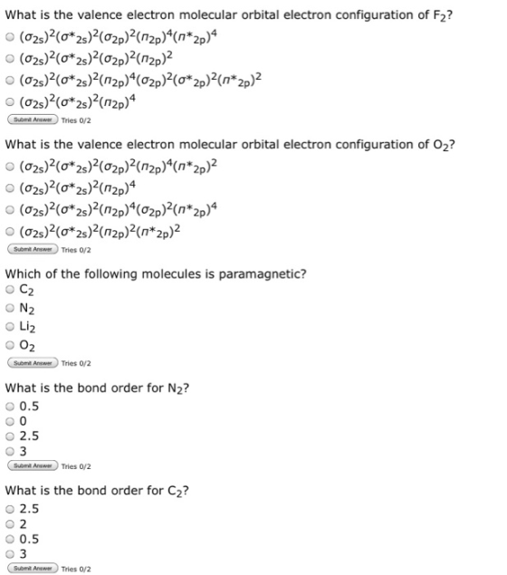 What is the valence electron molecular orbital electron configuration of F2? (02)2(0* 2s)-(02p)2(12p) 4 (n*2p)4 (02)2(0*2s)-(