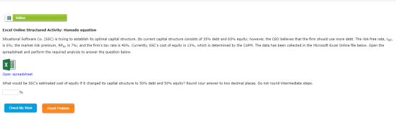 Video Excel Online Structured Activity: Hamada equation Situational Software Co. (SSC) is trying to establish its optimal cap