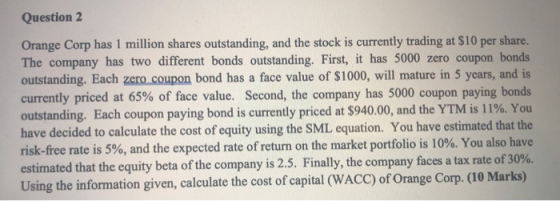 Question 2 Orange Corp has 1 million shares outstanding, and the stock is currently trading at $10 per share. The company has