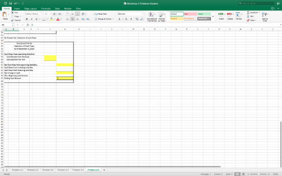 Workshop 2 Problems Student Q Search Shoot + Review View ASA. Doo Home Insert Page Layout Formulas Data P . X cut Calibri (Bo