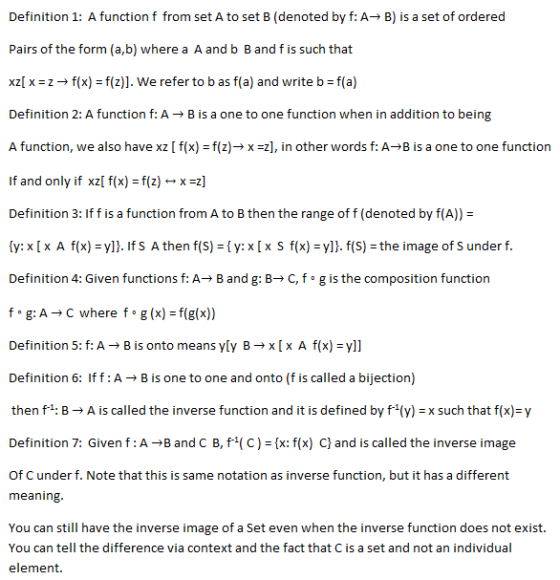 Definition 1: A function f from set A to set B (denoted by f: A+B) is a set of ordered Pairs of the form (a,b) where a A and