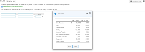 E1-39 (similar to) Question Help Alexander Appliance Service had net income for the year of $28,000. In addition, the balance