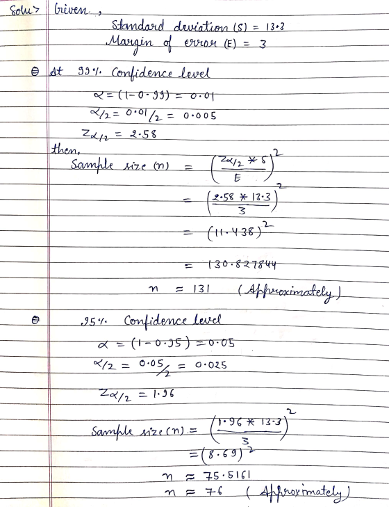 Solu> Griven a Standard deviation (S) = 1363 Margin of error (E) =_3 - At 99% Confidence level Q=-0.991 = 0.01 2/2 = 0.0172 =