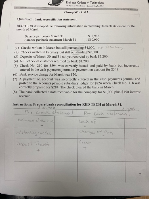 Emirates College of Technology We repure ar l a Group Work #2 Question : bank reconciliation statement RED TECH developed the
