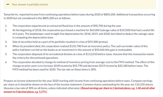 Your answer is partially correct. Tamarisk Inc. reported income from continuing operations before taxes during 2020 of $805,2