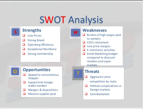 SWOT Analysis S Strengths OLow Prices Strong Brand Operating Efficiency Exceptional Workforce OStrong membership w Weaknesses