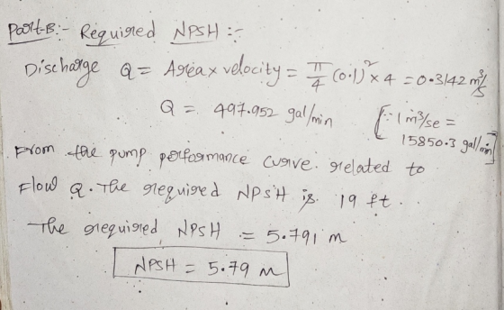 Parts Required NPSH : Discharge a = Arléax velocity = (0:1*4 30-3142 Q = 497.952 gal/min El milse = from the pump performance