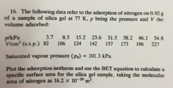 16. The following data refer to the adsorption of nitrogen on 0.92 g of a sample of silica gel at 77 K, p being the pressure