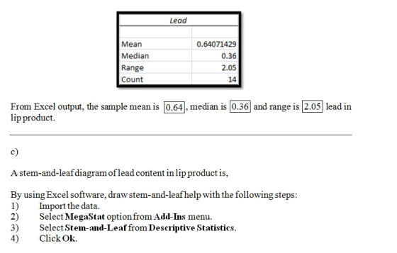 Lead Mean Median Range Count 0.64071429 0.36 2.05 14 From Excel output, the sample mean is 0.64. median is 0.36] and range is