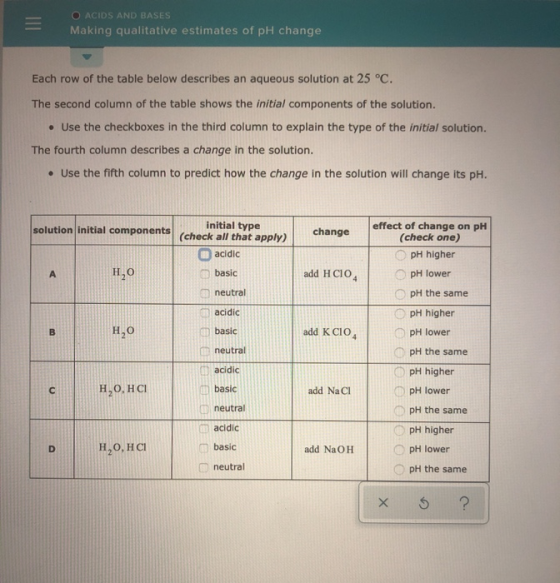 O ACIDS AND BASES Making qualitative estimates of pH change Each row of the table below describes an aqueous solution at 25 °