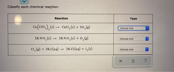 Classify each chemical reaction: Reaction Type Ca(CIO),(s) — CaCI(s) + 302 (8) choose one 2KNO3(-) — 2KNO,(s) + 0,(8) choose