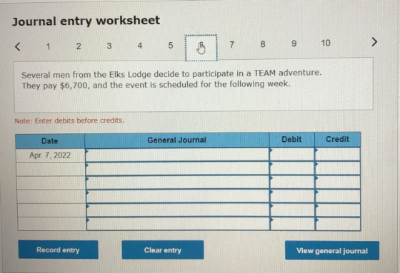 Journal entry worksheet < 1 2 3 4 5 7 8 9 10 Several men from the Elks Lodge decide to participate in a TEAM adventure. They