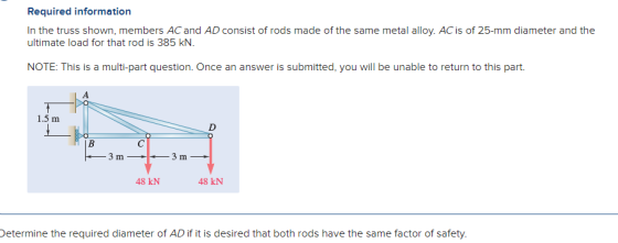 Required information In the truss shown, members AC and AD consist of rods made of the same metal alloy. AC is of 25-mm diame