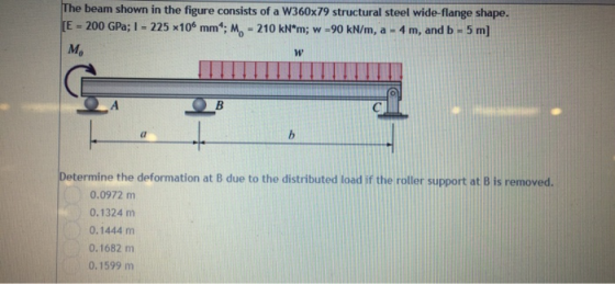 The beam shown in the figure consists of a W360x19 structural steel wide-flange shape [E = 200 GPa; = 225 ×106 mm: Mo-210 kN