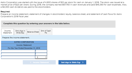 Astro Corporation was started with the issue of 4,900 shares of $10 par stock for cash on January 1, 2018. The stock was issued at a market price of $20 per share. During 2018, the company earned $67,750 in cash revenues and paid $45.393 for cash expenses. Also. a $4,300 cash dividend was paid to the stockholders. Required Prepare an income statement, statement of changes in stockholders equity, balance sheet, and statement of cash flows for Astro Corporations 2018 fiscal year. Complete this question by entering your answers in the tabs below. Income Smt chgs in Statement hids Eqy Balance Sheet Smt of Cash Prepare the income statement. Fls ASTRO CORPORATION Income Statement For the Year Ended December 31, 2018 Income Smt chgs in Shlds Eqy>