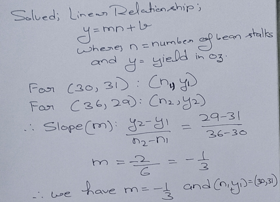 Solved; Linear Relationship; Y = mn the wherez n=number of bea bean stalks and in oz. Y= yield 29-31 36-30 For (30, 31): (hy