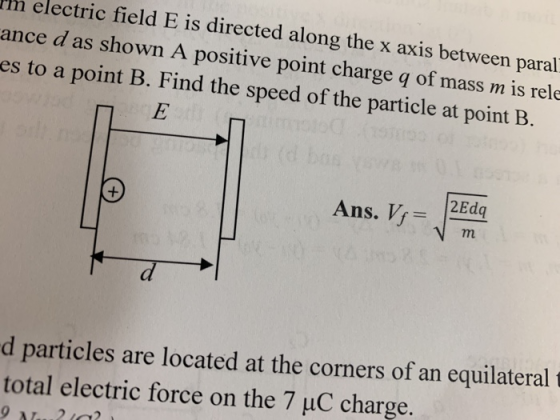 ih electric field E is directed along the x axis between paral ance d as shown A positive point charge q of mass m is rele es