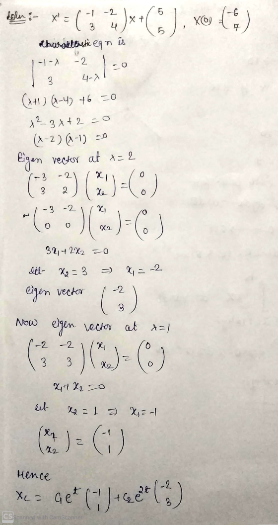 soln :- x= ( 113 -2 J**(5) XO) to -6 7 1 3 3 4 Charceteastic en is -1 -2 1: 4-7 (x+1) (A-4) +6 EO 123*+2-0 (x-2)-1) - Eigen