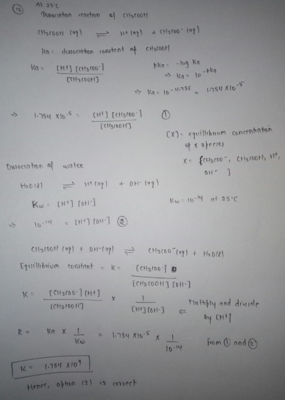 At 25°C Pissociation reaction of CH3COOH CH3COOH (ag) - Ht lag) + CH3100- (aq) ka dissociation constant of CHSCOOH Ka= pka =