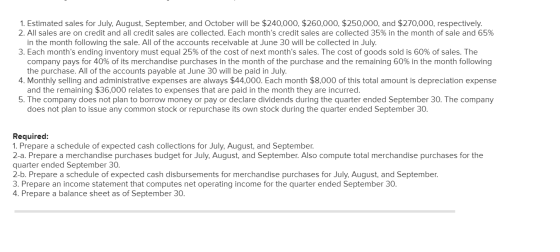 1. Estimated sales for July, August, September, and October will be $240,000, $260,000, $250,000, and $270,000, respectively.