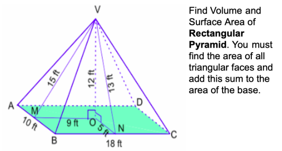Find Volume and Surface Area of Rectangular Pyramid. You must find the area of all triangular faces and add this sum to the a