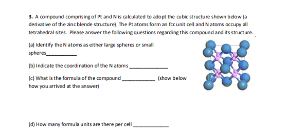 3. A compound comprising of Pt and N is calculated to adopt the cubic structure shown below (a derivative of the zinc blende