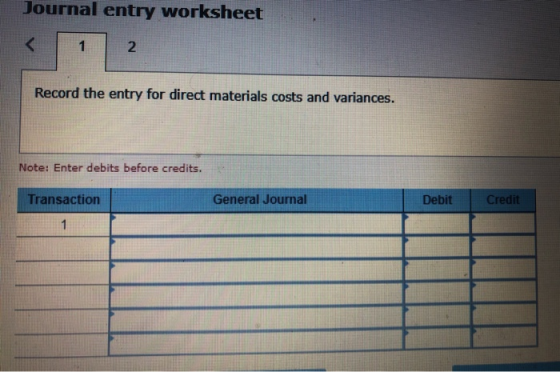 Journal entry worksheet Record the entry for direct materials costs and variances. Note: Enter debits before credits. Credit