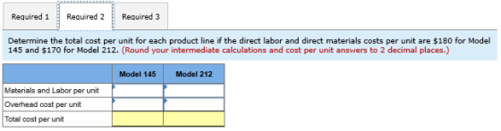 Required 1 Required 2 Required 3 Determine the total cost per unit for each product line if the direct labor and direct mater