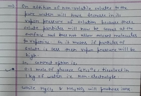 on adtition of non-volatile solutes to the pure water will have decrease in its vapor pressure of solution because there solu