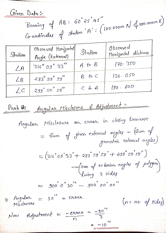 . Given Date: Bearing of AB: 60°2545 Co-ordinates of station A: (100.000m N & 100.000 € Station Station observed Horizont