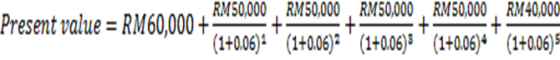RM50,000, RM50,000 RM50,000 RM50,000 RM40,000 Present value = RM60,000 + (1+0.06)* (1+0.06)2 (1+0.06)8 (1+0.06)* (1+0.0