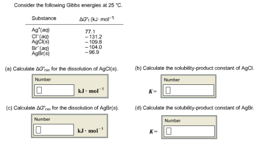 Consider the following Gibbs energies at 25 C Substance Ag (aq) Cr(aq) AgCI(s) Br(aq) AgBr(s) 77.1 - 131.2 - 109.8 - 104.0 -