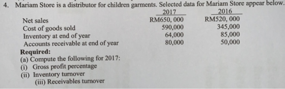 4. Mariam Store is a distributor for children garments. Selected data for Mariam Store appear below. 2017 2016 Net sales RM65