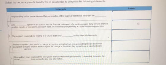 Select the necessary words from the list of possibilities to complete the following statements, Answer Statements 1. Responsi