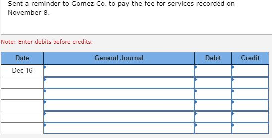 Sent a reminder to Gomez Co. to pay the fee for services recorded on November 8. Note: Enter debits before credits. General J