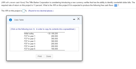 (IRR with uneven cash flows) The Tiffin Barker Corporation is considering introducing a new currency verifier that has the ab